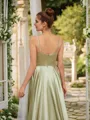 A-line Spaghetti Straps Unique Sleeveless Sweep Train Silk like Satin Prom Dresses