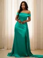Sheath/Column Off-the-Shoulder Sleeveless Flattering Sweep Train Silk like Satin Prom Dresses