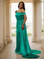 Sheath/Column Off-the-Shoulder Sleeveless Flattering Sweep Train Silk like Satin Prom Dresses