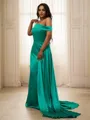 Sheath/Column Off-the-Shoulder Sleeveless Flattering Sweep Train Silk like Satin Prom Dresses