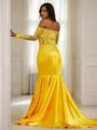 Trumpet/Mermaid Off-the-Shoulder Exquisite Long Sleeves Sweep Train Silk like Satin Prom Dresses