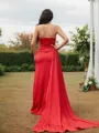 Sheath/Column Strapless Sleeveless Sweep Train Silk like Satin Sexy Prom Dresses
