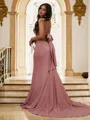 Sheath/Column Spaghetti Straps Clingy Sleeveless Sweep Train Silk like Satin Prom Dresses