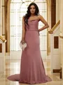 Sheath/Column Spaghetti Straps Clingy Sleeveless Sweep Train Silk like Satin Prom Dresses