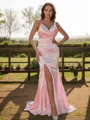 Second-skin Sheath/Column V-Neck Sleeveless Sweep Train Open Back Silk like Satin Prom Dresses
