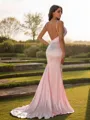 Second-skin Sheath/Column V-Neck Sleeveless Sweep Train Open Back Silk like Satin Prom Dresses