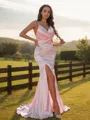 Second-skin Sheath/Column V-Neck Sleeveless Sweep Train Open Back Silk like Satin Prom Dresses
