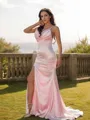 Second-skin Sheath/Column V-Neck Sleeveless Sweep Train Open Back Silk like Satin Prom Dresses