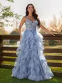 A-line V-Neck Sleeveless Charming Floor-Length Tulle Prom Dresses