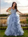 A-line V-Neck Sleeveless Charming Floor-Length Tulle Prom Dresses