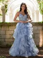 A-line V-Neck Sleeveless Charming Floor-Length Tulle Prom Dresses