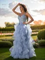 A-line V-Neck Sleeveless Charming Floor-Length Tulle Prom Dresses