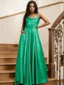 Delicate A-line Spaghetti Straps Sleeveless Sweep Train Silk like Satin Prom Dresses