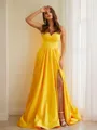 A-line Spaghetti Straps Delicate Sleeveless Floor-Length Satin Prom Dresses