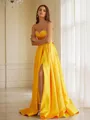 A-line Spaghetti Straps Delicate Sleeveless Floor-Length Satin Prom Dresses