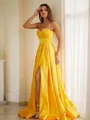A-line Spaghetti Straps Delicate Sleeveless Floor-Length Satin Prom Dresses
