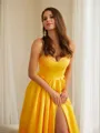 A-line Spaghetti Straps Delicate Sleeveless Floor-Length Satin Prom Dresses