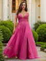 A-line V-Neck Dreamy Sleeveless Sweep Train Tulle Prom Dresses