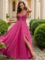 A-line V-Neck Dreamy Sleeveless Sweep Train Tulle Prom Dresses