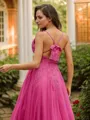 A-line V-Neck Dreamy Sleeveless Sweep Train Tulle Prom Dresses