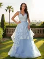 A-line V-Neck Sleeveless Floor-Length Balanced Tulle Prom Dresses