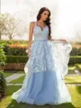 A-line V-Neck Sleeveless Floor-Length Balanced Tulle Prom Dresses