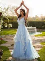 A-line V-Neck Sleeveless Floor-Length Balanced Tulle Prom Dresses
