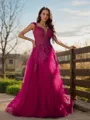 A-line V-Neck Trendy Sleeveless Floor-Length Tulle Prom Dresses