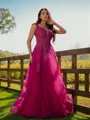A-line V-Neck Trendy Sleeveless Floor-Length Tulle Prom Dresses