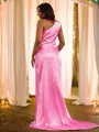Sheath/Column One-Shoulder Sleeveless Sweep Train Teasing Silk like Satin Prom Dresses