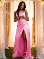 Sheath/Column One-Shoulder Sleeveless Sweep Train Teasing Silk like Satin Prom Dresses
