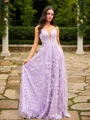 A-line V-Neck Classic Sleeveless Sweep Train Lace Prom Dresses