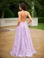 A-line V-Neck Classic Sleeveless Sweep Train Lace Prom Dresses