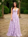A-line V-Neck Classic Sleeveless Sweep Train Lace Prom Dresses
