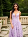 A-line V-Neck Classic Sleeveless Sweep Train Lace Prom Dresses