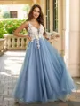 A-line V-Neck Sleeveless Floor-Length Charming Tulle Prom Dresses