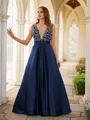 A-line V-Neck Elegant Sleeveless Sweep Train Satin Prom Dresses