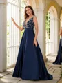 A-line V-Neck Elegant Sleeveless Sweep Train Satin Prom Dresses