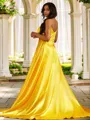 A-line V-Neck Sleeveless Sweep Train Silk like Satin Flattering Prom Dresses