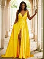 A-line V-Neck Sleeveless Sweep Train Silk like Satin Flattering Prom Dresses