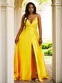 A-line V-Neck Sleeveless Sweep Train Silk like Satin Flattering Prom Dresses