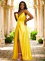A-line V-Neck Sleeveless Sweep Train Silk like Satin Flattering Prom Dresses