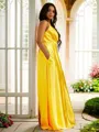 A-line V-Neck Sleeveless Sweep Train Silk like Satin Flattering Prom Dresses