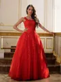 Perfect A-line Off-the-Shoulder Sleeveless Floor-Length Tulle Prom Dresses