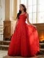 Perfect A-line Off-the-Shoulder Sleeveless Floor-Length Tulle Prom Dresses