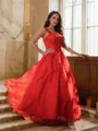Perfect A-line Off-the-Shoulder Sleeveless Floor-Length Tulle Prom Dresses