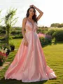 A-line V-Neck Sleeveless Delicate Sweep Train Satin Prom Dresses