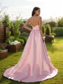 A-line V-Neck Sleeveless Delicate Sweep Train Satin Prom Dresses