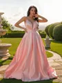 A-line V-Neck Sleeveless Delicate Sweep Train Satin Prom Dresses