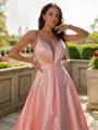 A-line V-Neck Sleeveless Delicate Sweep Train Satin Prom Dresses